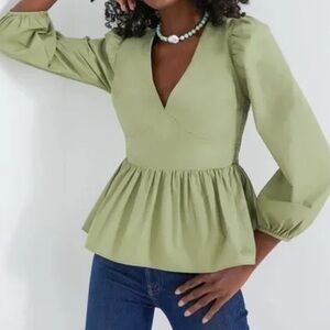 Tuckernuck Hyacinth House Nwt Elaina Sage Green Puff Sleeve Peplum Blouse.